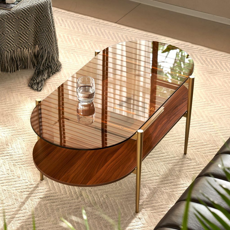 Oval Rectangle Coffee Table with Amber Brown Glass Top, Mid-Century Modern Coffe gallery