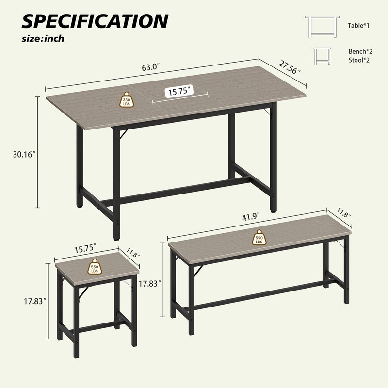 5 Piece Extendable Dining Table Set Wood Tabletop Steel Frame 2 Benches 2 Stools gallery