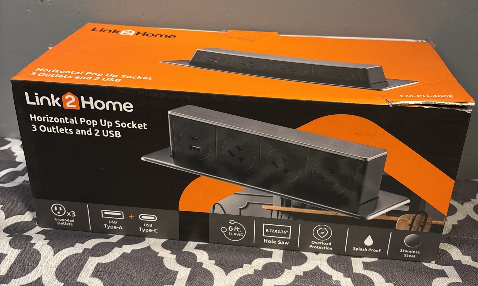 Link2Home Horizontal Pop-Up Socket 3 Grounded Outlets 2 USB & 2 USB NEW gallery
