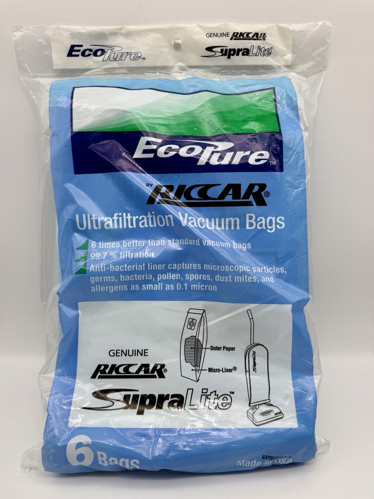 EcoPure NEW Riccar 6 pack Vacuum Bags SupraLite EPSUPRA-6 Ultrafiltration gallery