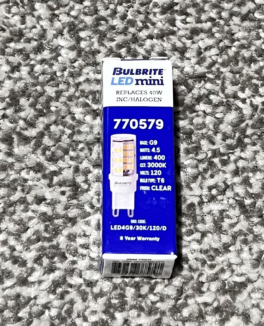 Bulbrite 770579 LED Specialty Mini Bulb 4.5W=40W 120V T4 2-Pin G9 Base Clear 30K gallery