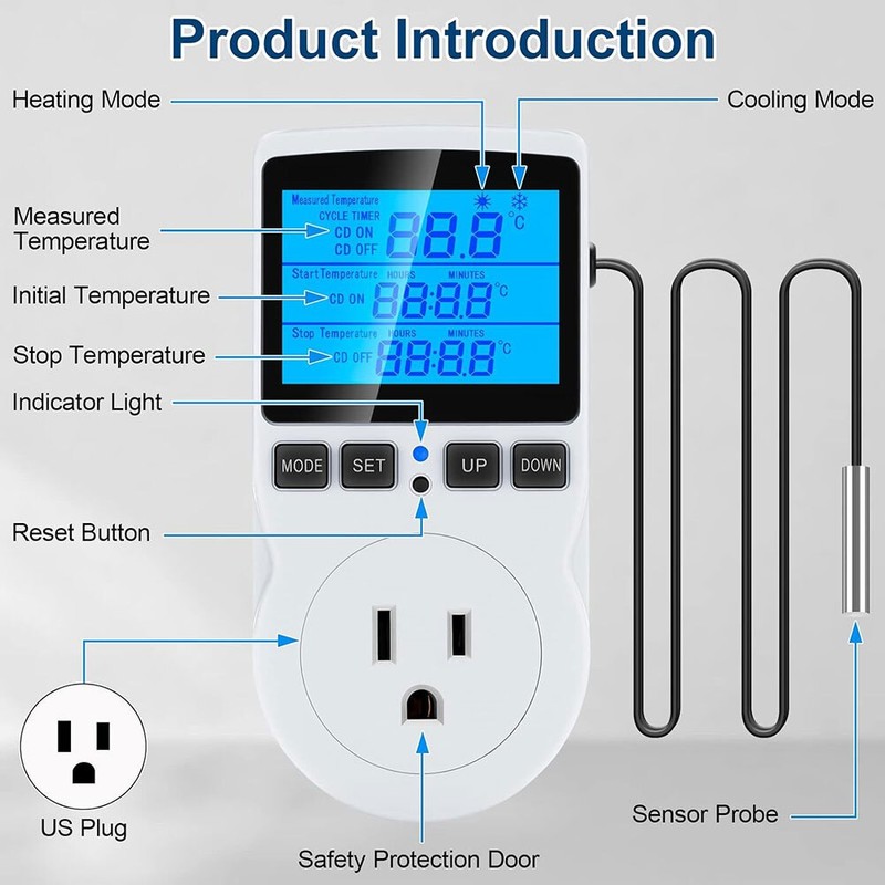 Digital Thermostat Outlet Plug Temperature Controller Heating Cooling with Probe gallery