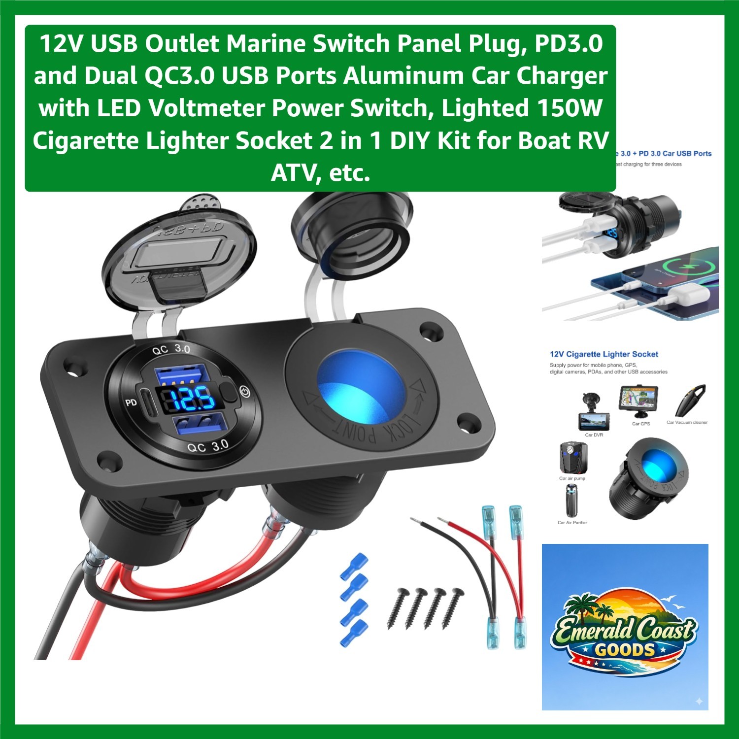 12V USB Outlet Marine Switch Panel Plug, PD3.0 and Dual QC3.0 USB Ports Alumi... gallery