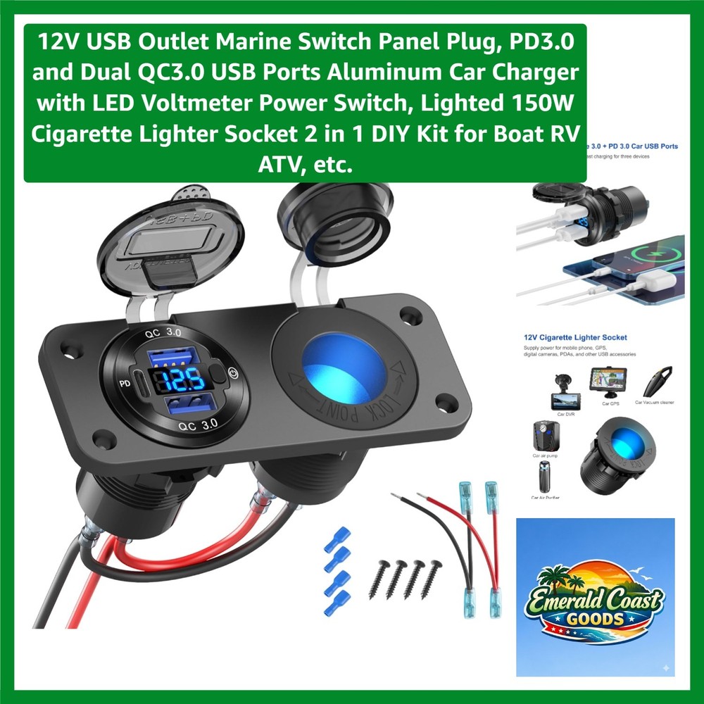 12V USB Outlet Marine Switch Panel Plug, PD3.0 and Dual QC3.0 USB Ports Alumi...