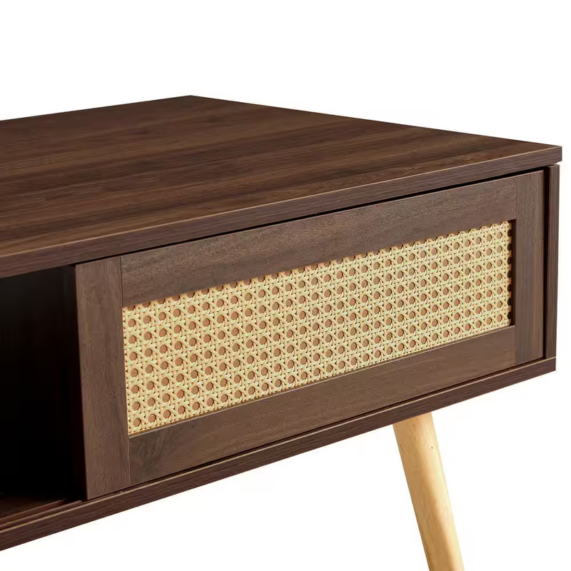 41In. Walnut Rectangle MDF Coffee Table with Rattan Door Storage and Solid Wood gallery