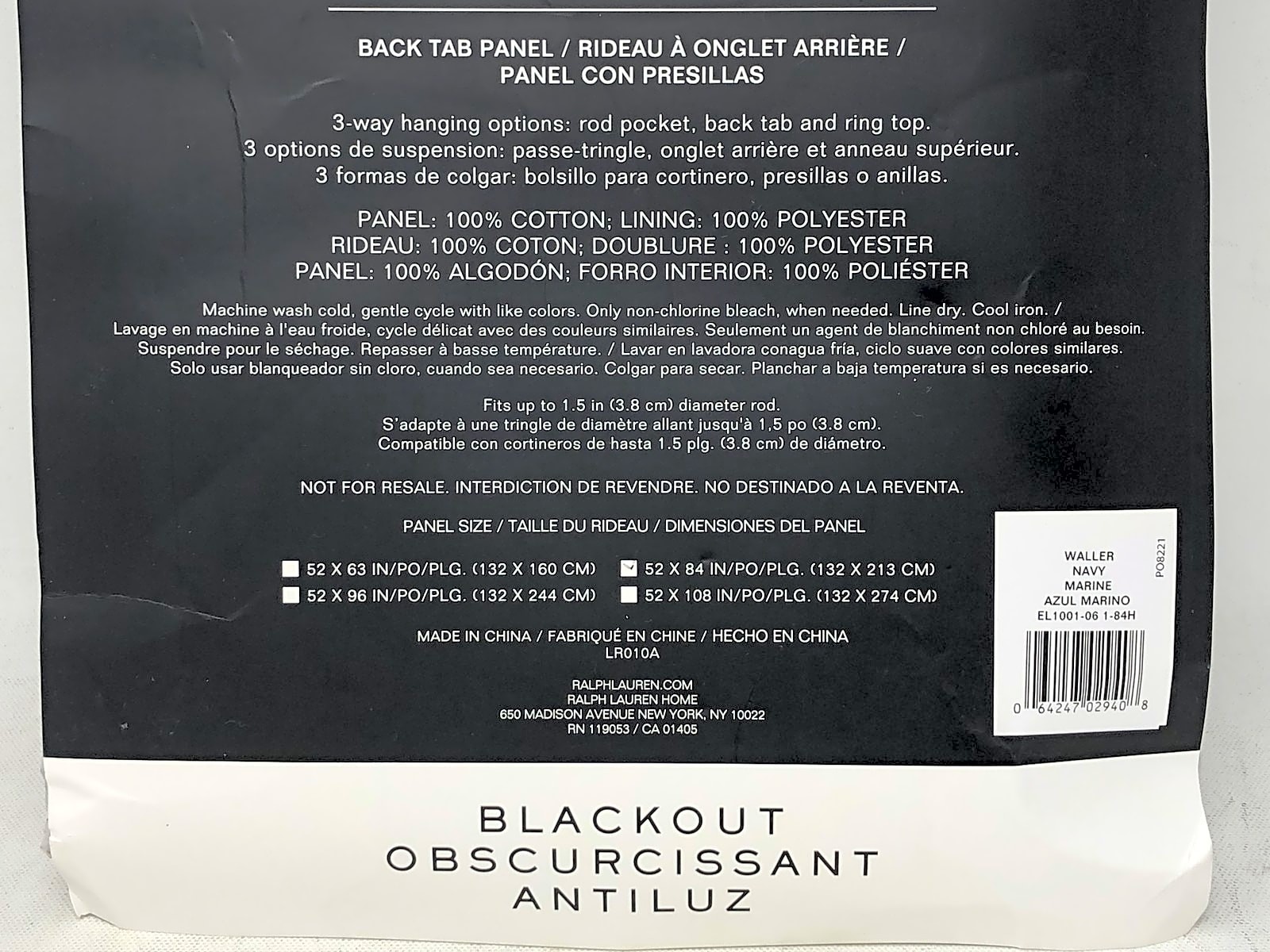 Lauren Ralph Waller Blackout Back Tab Panel 52x84 Navy Marine New 1-Pack gallery
