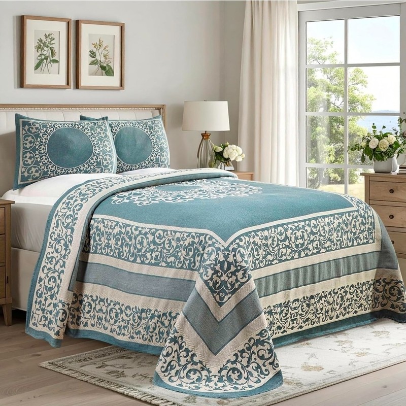 Cotton Blend Bedspread Set 2 Piece Jacquard Vintage Floral Cerulean Blue Twin gallery