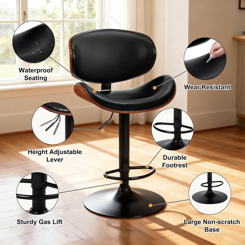 2Pcs Swivel Bar Stools,Adjustable Height,PU Leather Upholstery,w/Back&Footrest gallery