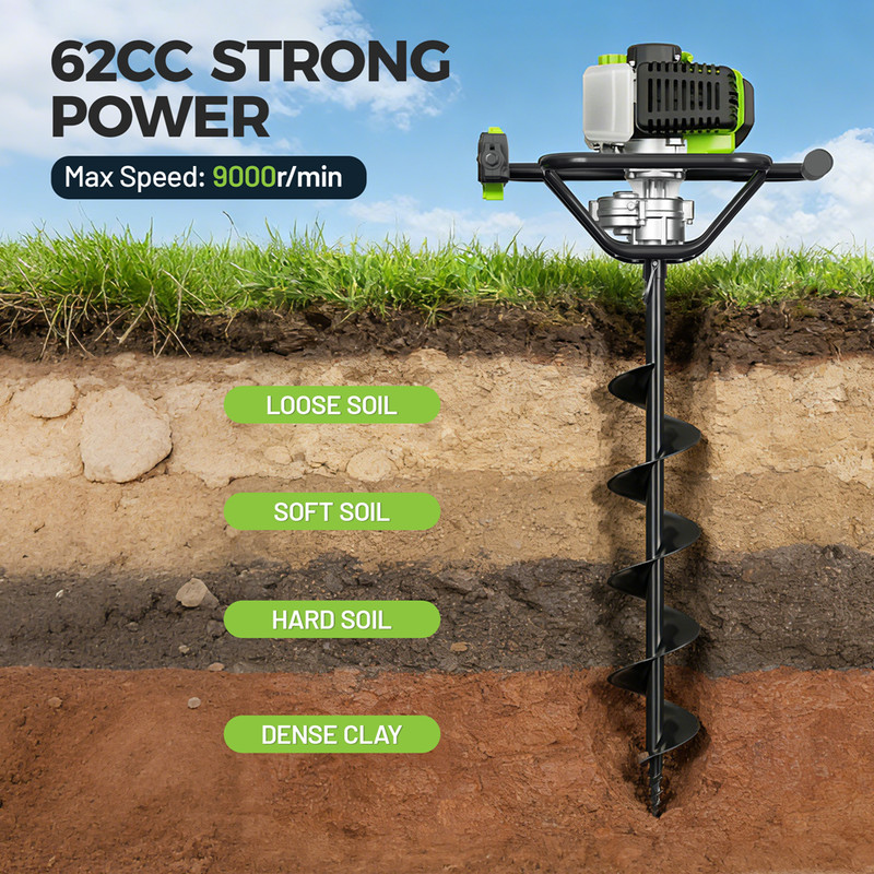 WORKPRO 62CC Gas Powered Post Hole Digger Earth Auger 2Stroke 4" 6" 8" Drill Bit gallery
