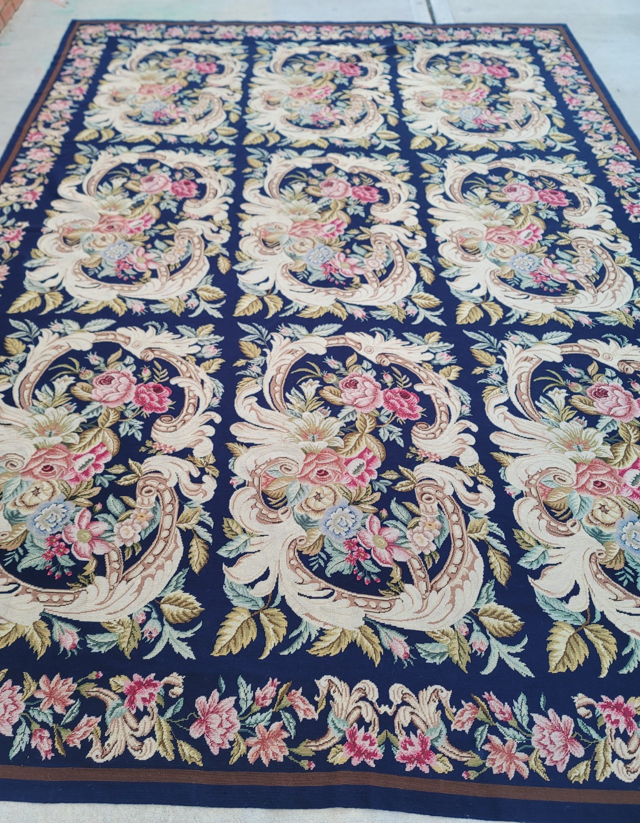 10' x 13' Aubusson Style Needlepoint Floral Area Rug, Handwoven Wool, Vintage gallery