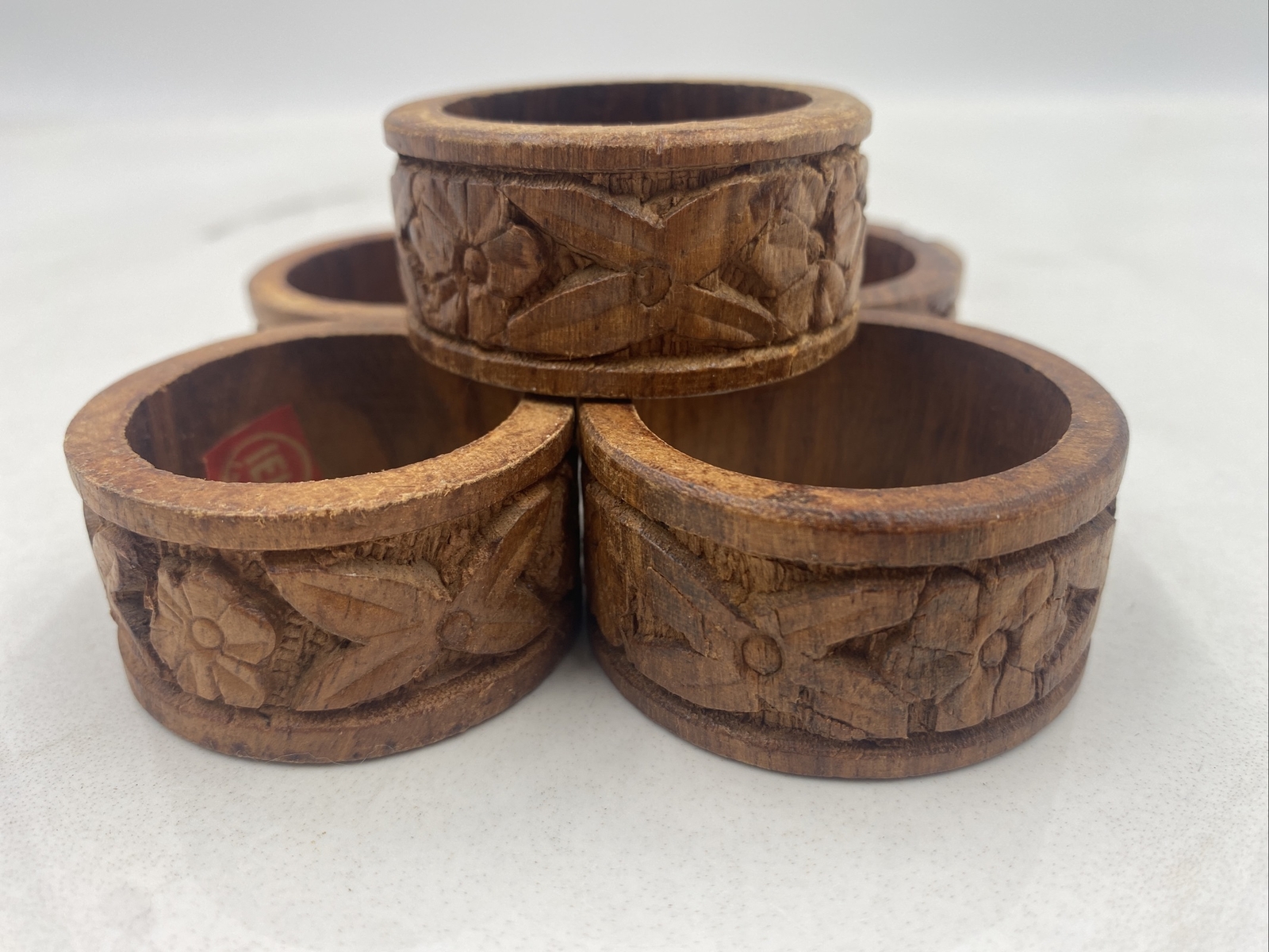 Vintage Napkin Rings Holders RETRO Boho Hand CARVED Wood India Set Of 5 gallery