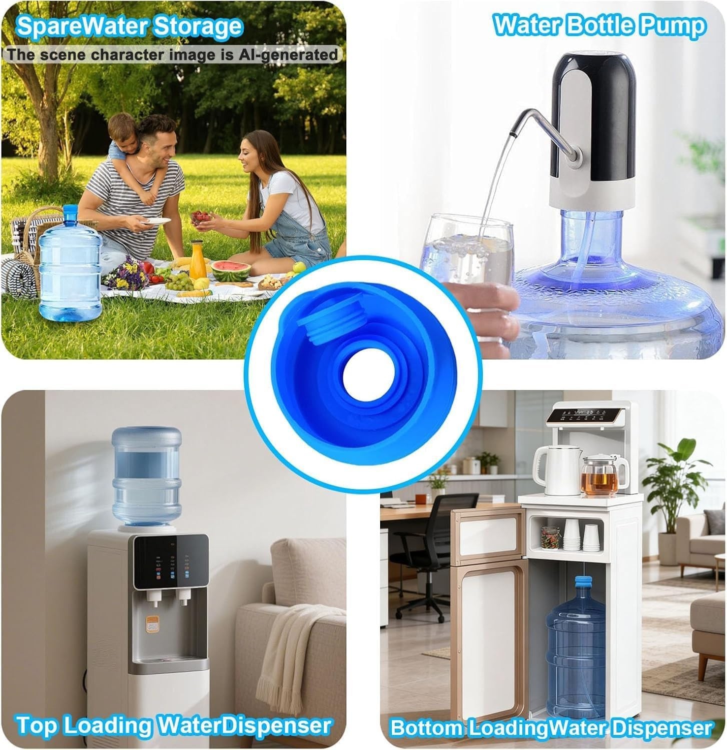 3 Pack Water Jug Caps - 3 & 5 Gallon Reusable Silicone Non Spill 55mm Bottle Lid gallery