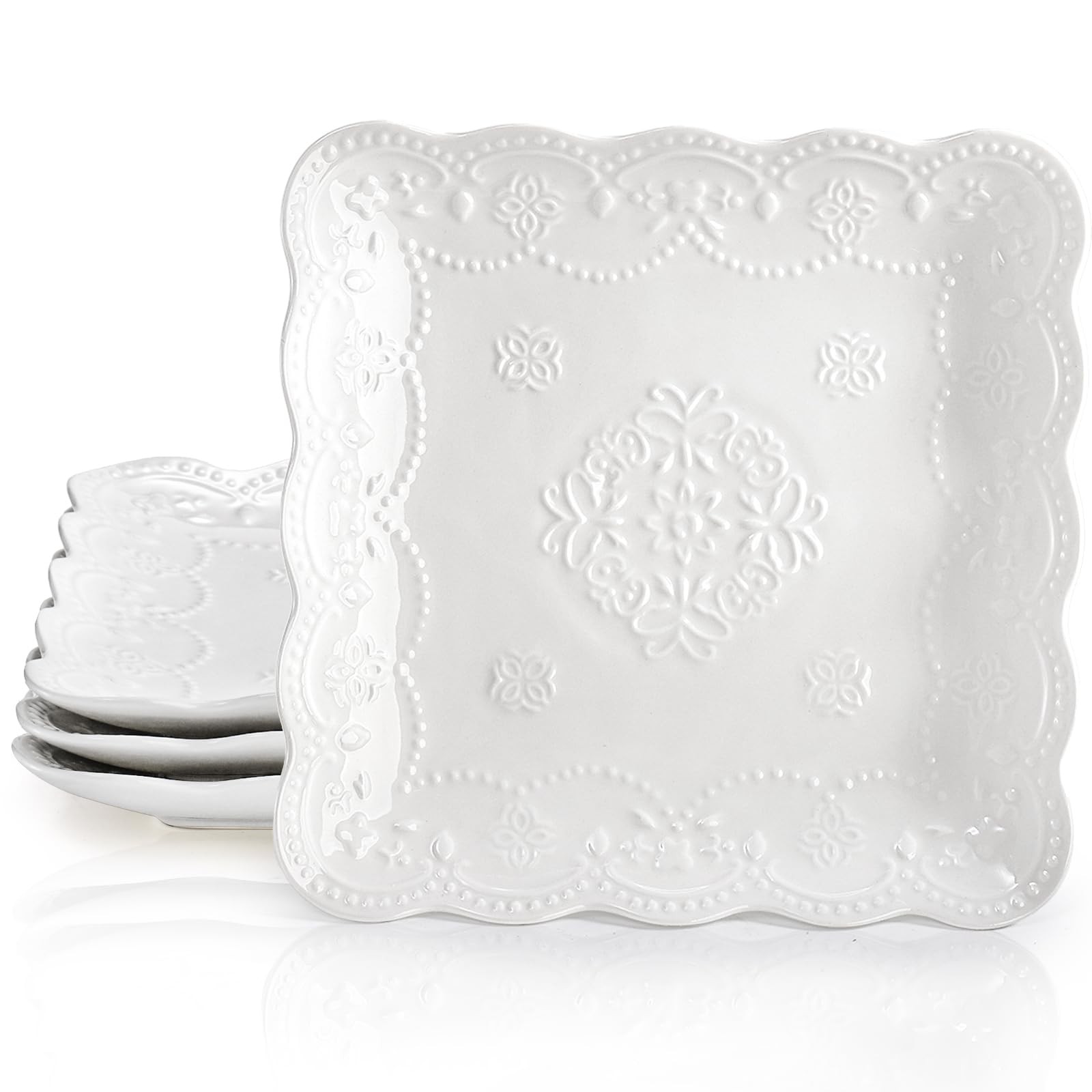 Set of 4 Square Embossed Ceramic Plate, 10 Inch Elegant Dinner Plates Ivory W... gallery