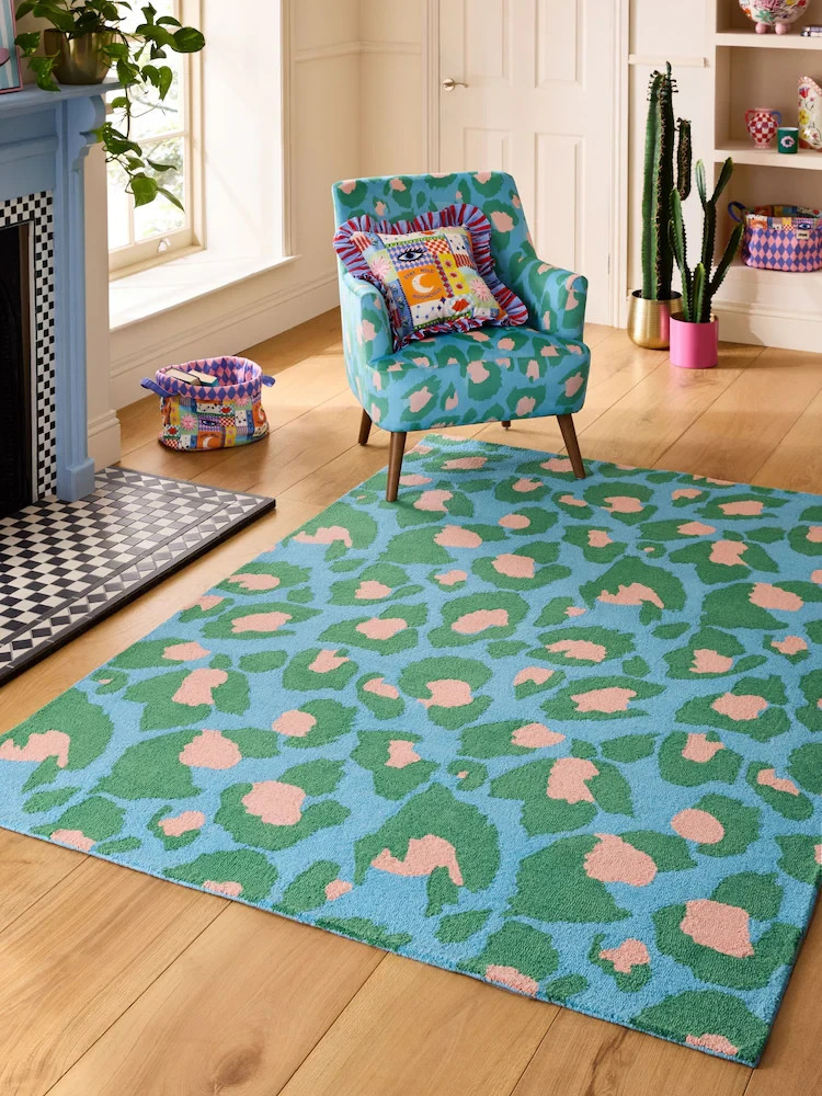 Blue Leopard Print 100% Wool Tufted Area Rug Colorful Animal Print Carpet 8x10