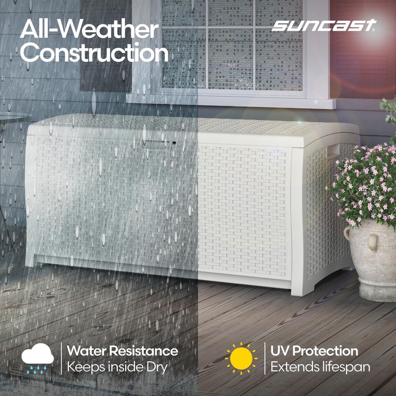 Suncast 99 Gallon Wicker Horizontal Outdoor Deck Box with Hinged Lid, WaterRe... gallery