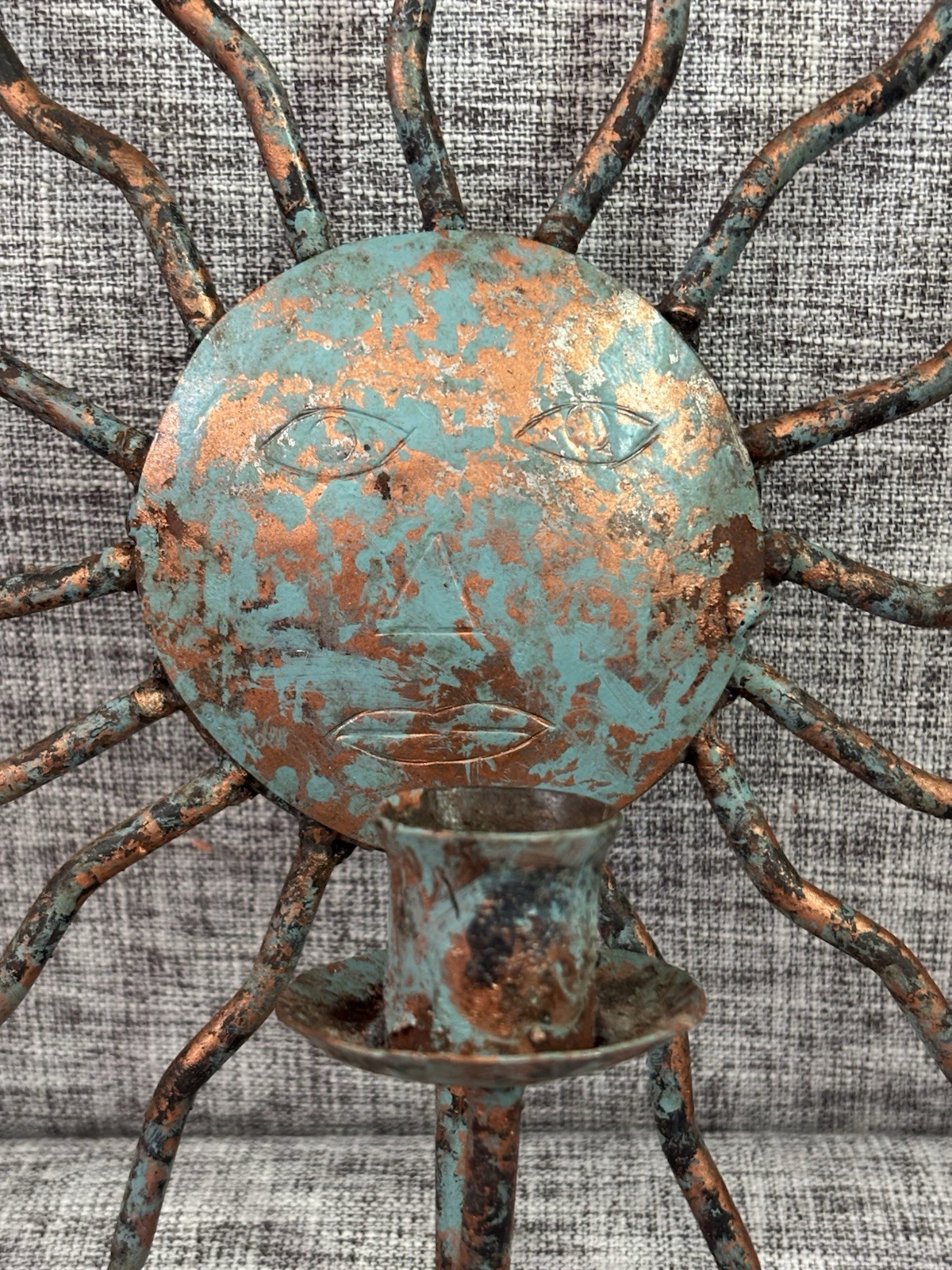 Vintage Copper Sun Face Wavy Rays Wall Decor With Candle Holder Verdigris Patina gallery