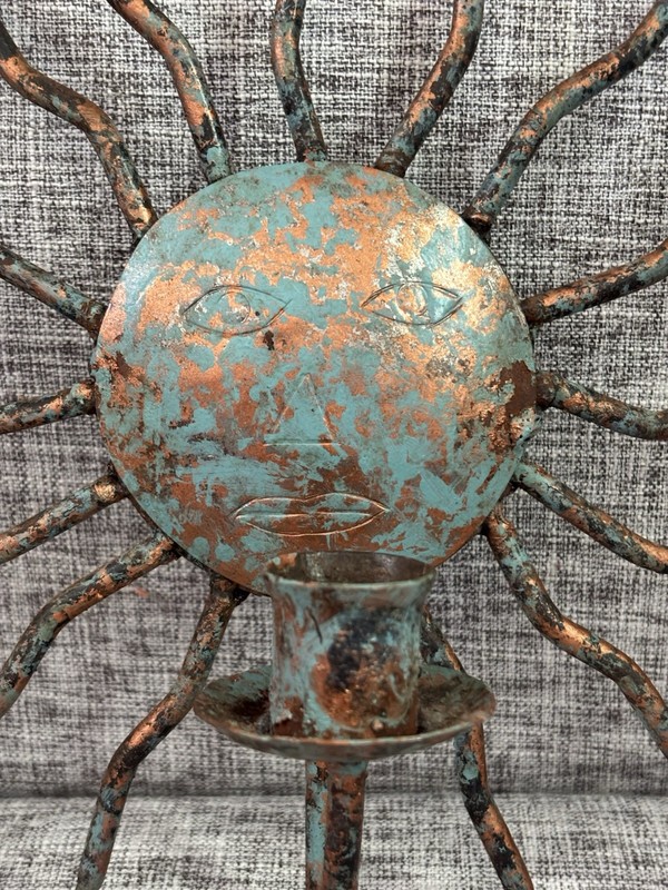 Vintage Copper Sun Face Wavy Rays Wall Decor With Candle Holder Verdigris Patina gallery