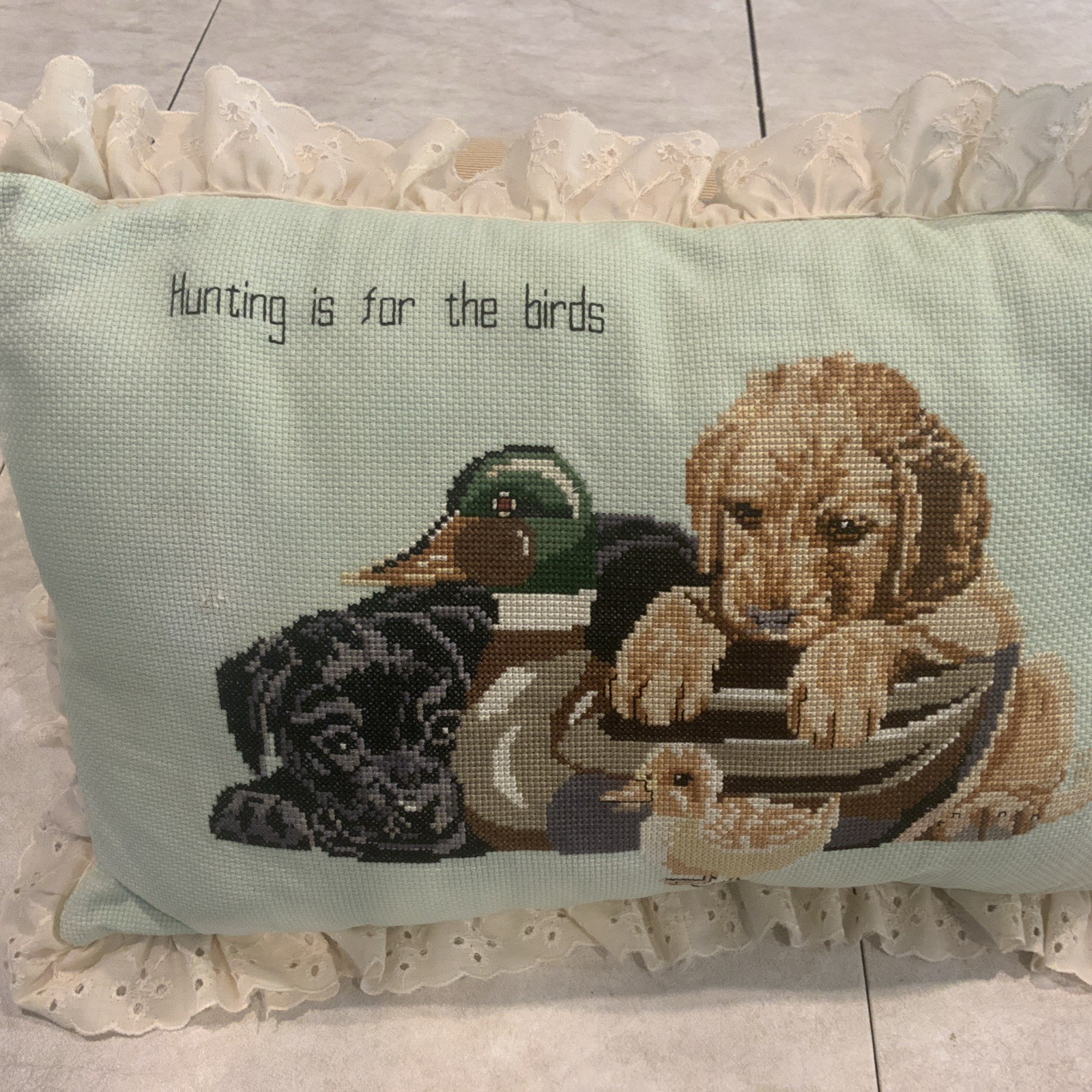 Handmade 16 X 10 “Hunting Is For The Birds” Embroidered Needlepoint Pillow gallery