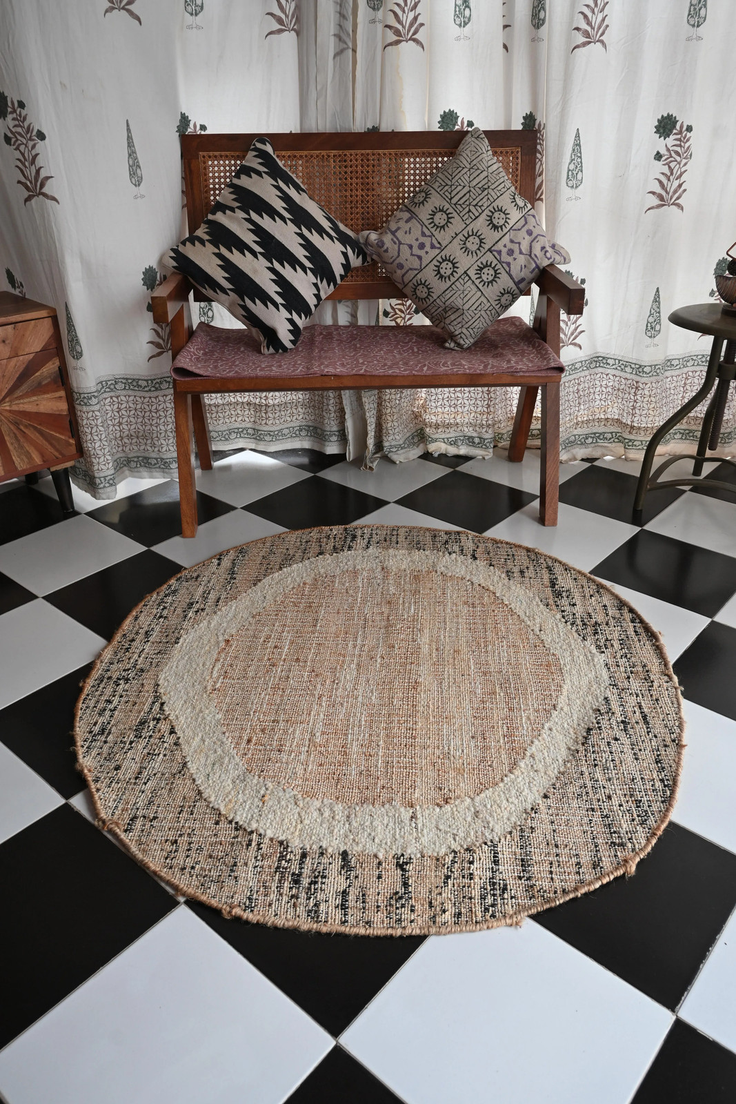 Rugmoda Jute Round Rug 3x3 ft Natural Black Banded Bohemian Living Room Rug gallery