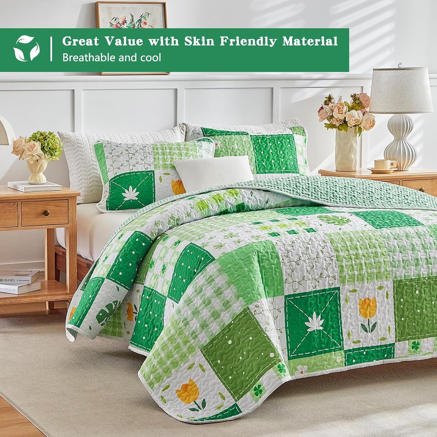 Queen Size 3-Piece Patchwork Quilt Set Green Pink White Leaves Floral Plaid gallery