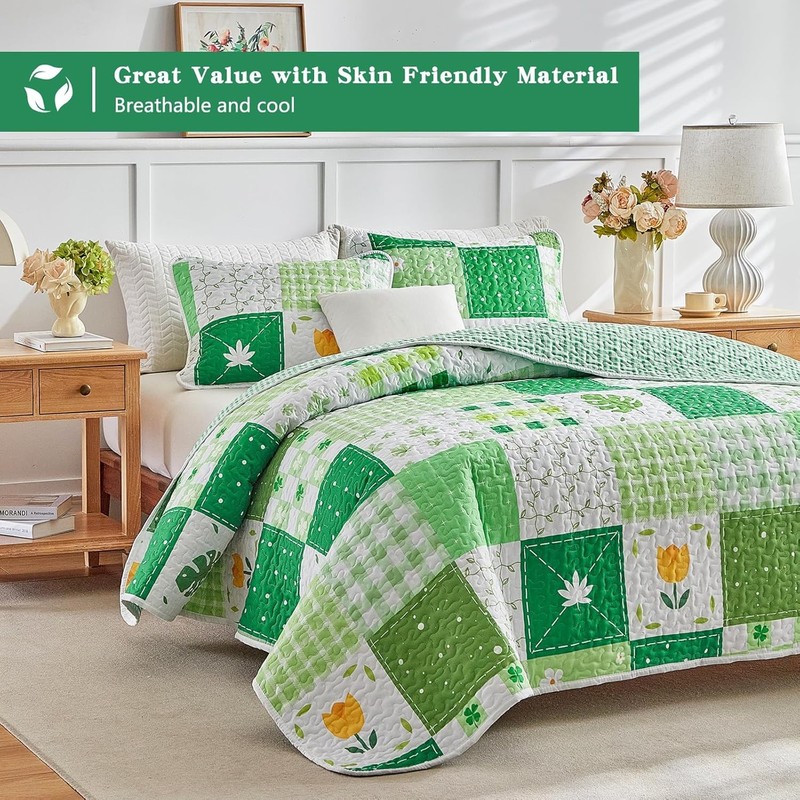 Queen Size 3-Piece Patchwork Quilt Set Green Pink White Leaves Floral Plaid gallery