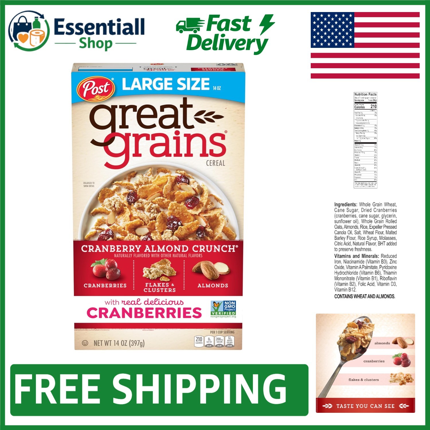Delicious Cranberry Almond Crunch Cold Cereal - 14 Oz Box, Non-GMO & Kosher gallery