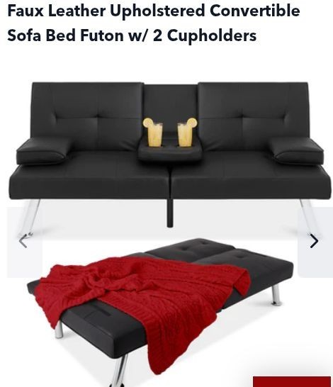 Faux Leather Upholstered Convertible Sofa Bed Futon w/ 2 Cupholders