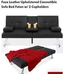 Faux Leather Upholstered Convertible Sofa Bed Futon w/ 2 Cupholders