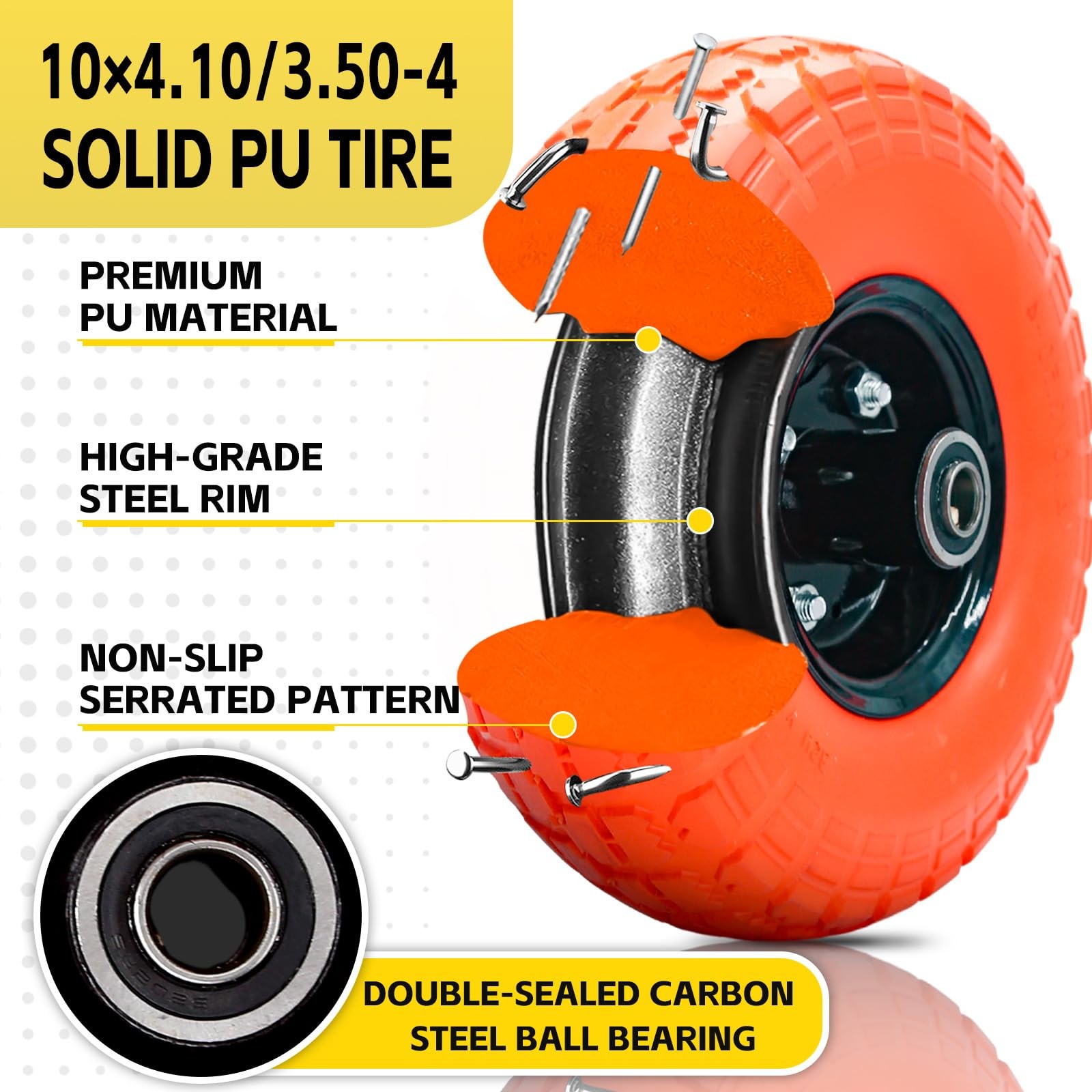 Flat Free Solid Polyurethane Tire & Wheel, 10" for Wheelbarrows & Carts 4 Pack gallery