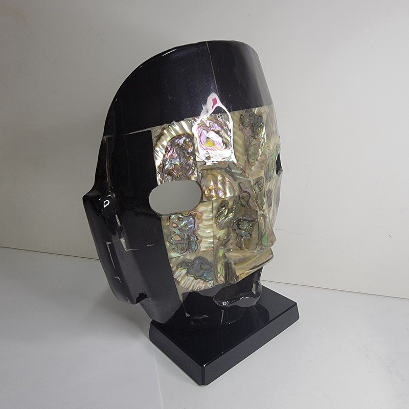 MCM Black Obsidian & Abalone Shell Inlay Mask Sculpture on Black Weighted Base gallery