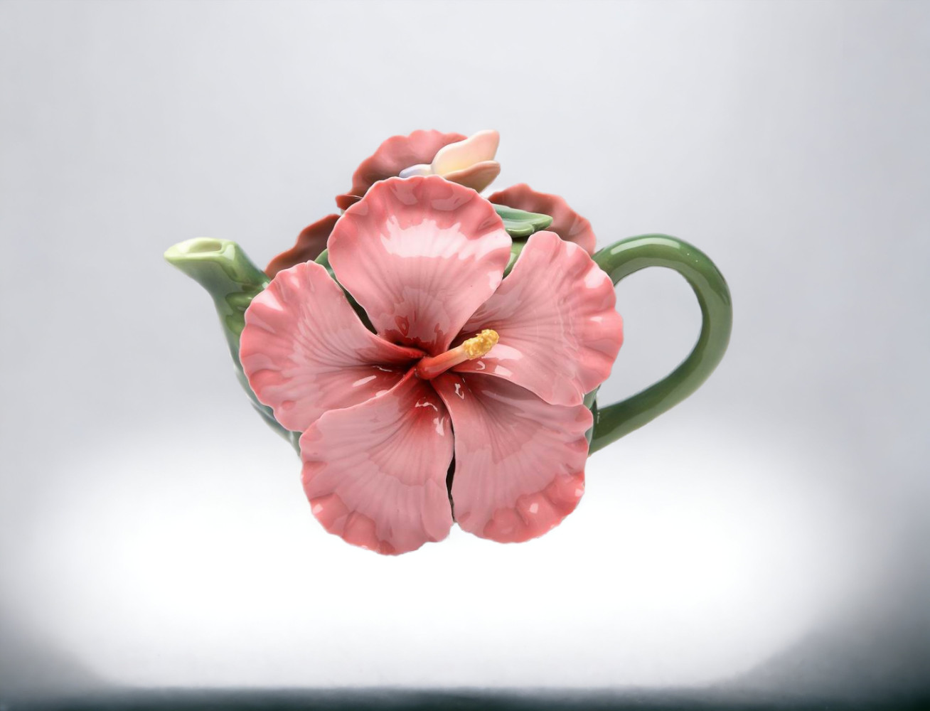 Ceramic Pink Hibiscus Flower Teapot, Gift for Her, Gift for Mom, Kitchen Décor, gallery