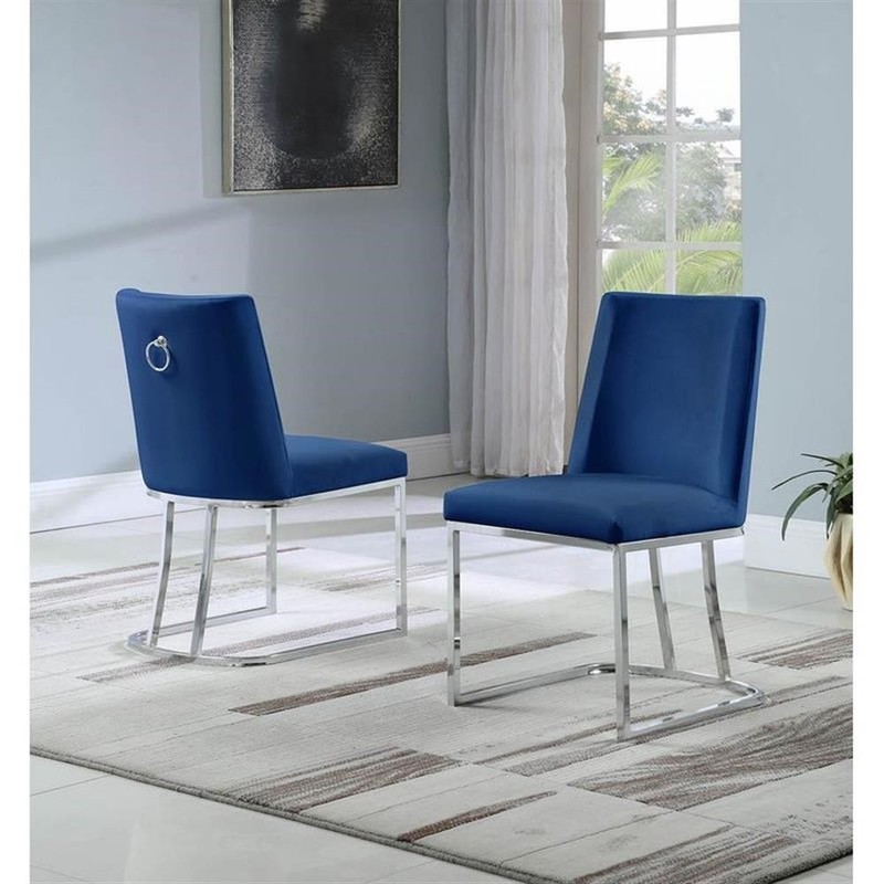Double Minimalistic Navy Blue Velvet Side Chairs with Chrome Legs gallery