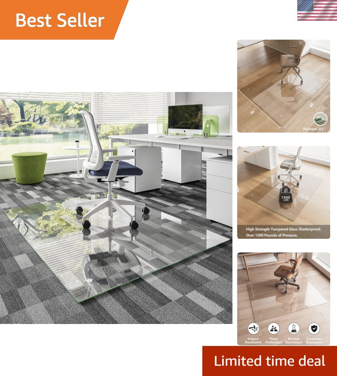 Glass Chair Mat for Carpet, Tempered Glass 46"x60" Office Chair Mat, Glass Ch... gallery