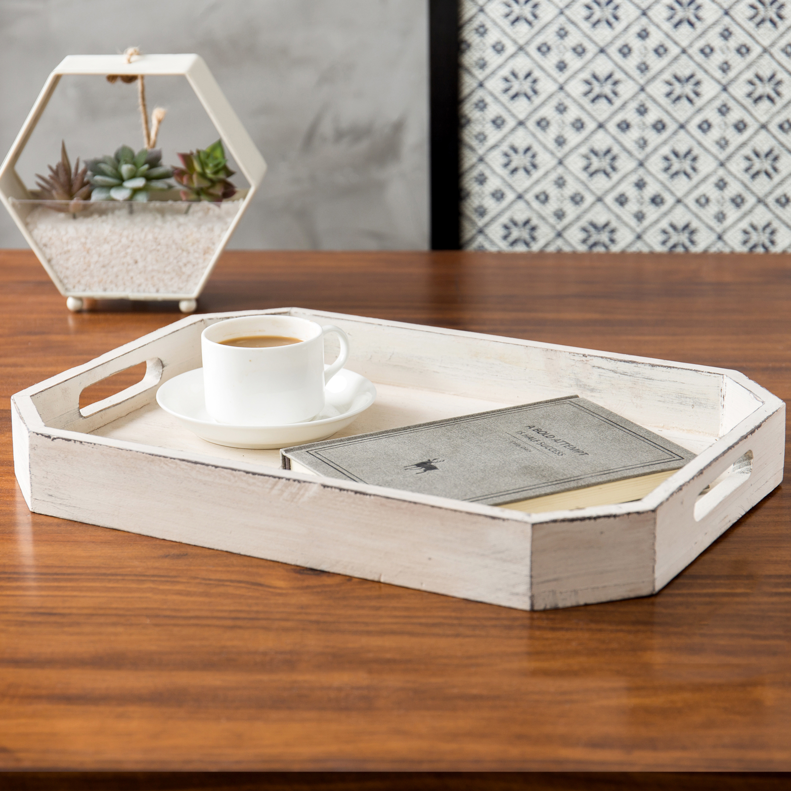 MyGift Rustic Whitewashed Wood Serving Tray with Cut-out Handles and Angled Edge gallery