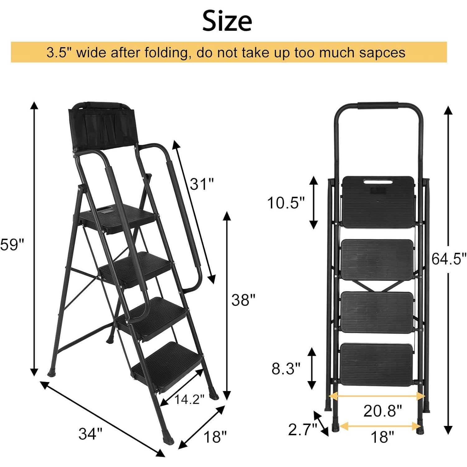 4 Step Ladder+Handrails & Attachable Tool Bag, Folding Step Stool Ladder 330 lbs gallery