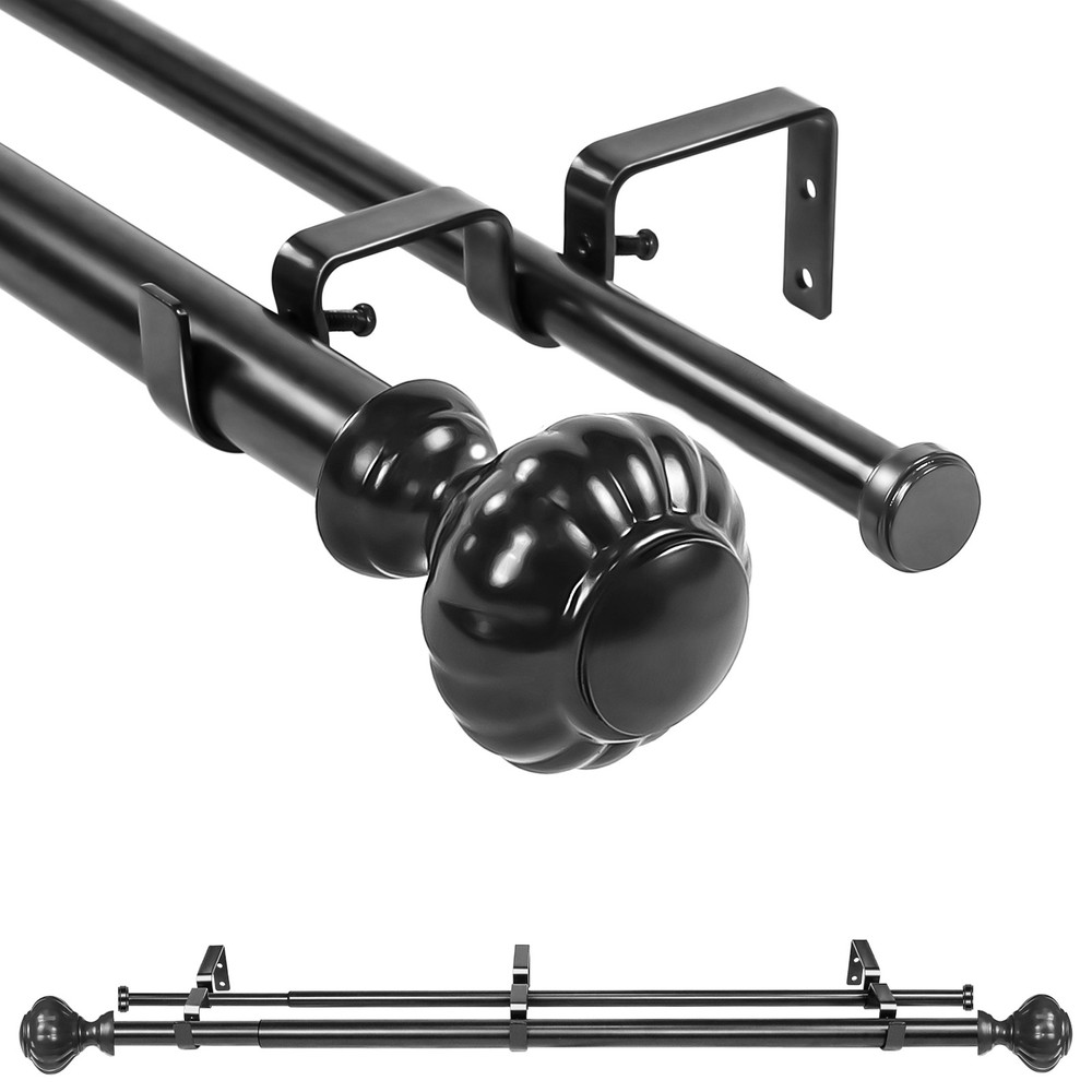 1" Door Knob Flat Button Double Drapery Curtain Window Rod Set, 28"-120"