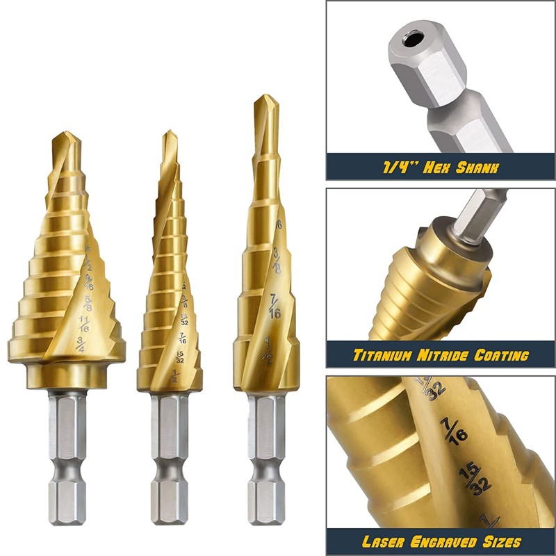 3Pcs Drill Bit Set Titanium Nitride Coated Steel Step Quick Change 1/4 Shank HSS gallery