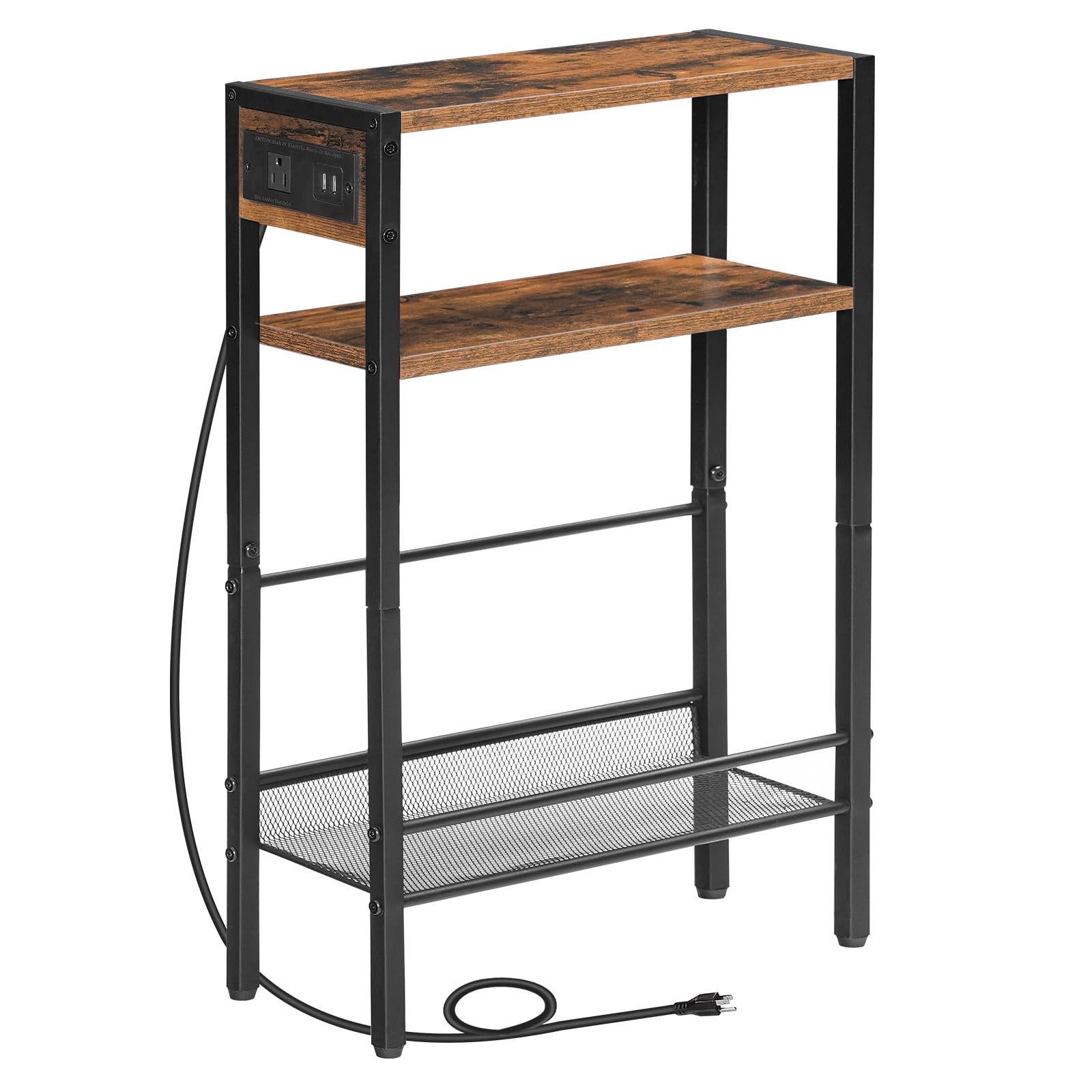 Narrow Side Table, Charging Station, Rustic Brown, Black, USB, Shelf, Skinny gallery