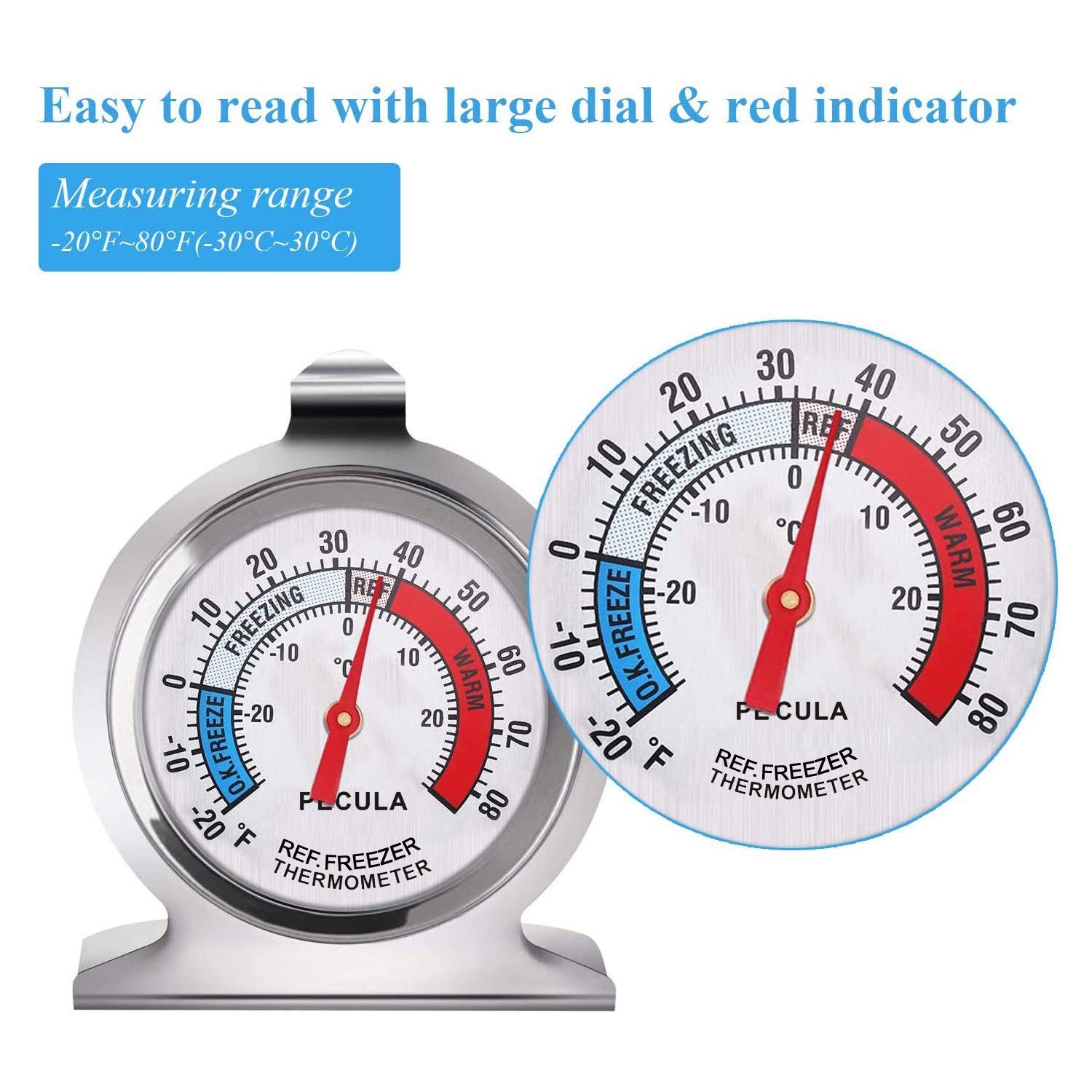 PECULA 2 Pack Refrigerator Thermometer Analog Fridge Freezer Gauge Blue Red gallery