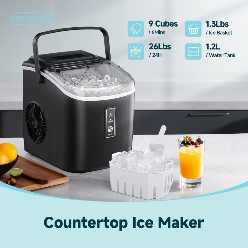 Countertop Ice Maker w/ Handle & Scoop, 26lbs/Day, 9 Bullet Ice, Portable gallery