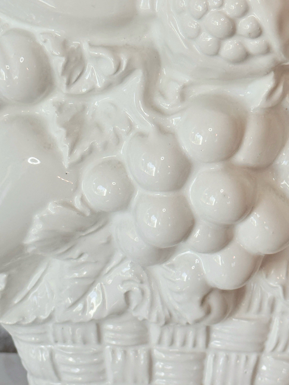 Italian White Ceramic Bas-Relief Fruit Basket, Blanc De Chine Wall Hanging 13x11 gallery