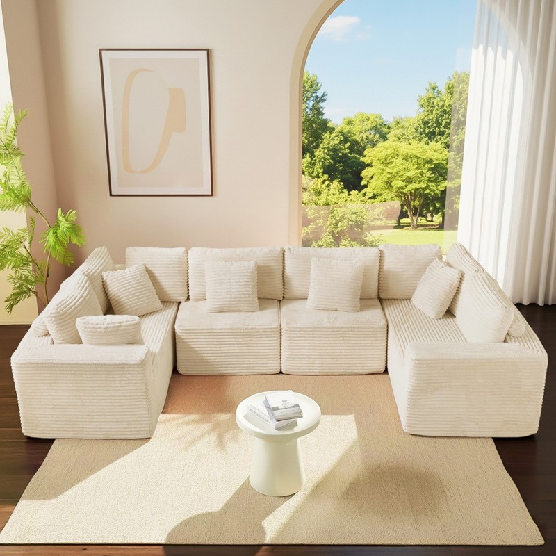 135" Beige Corduroy U-Shaped Modular Sofa 6-Seat Reversible Chaise Easy Assembly gallery