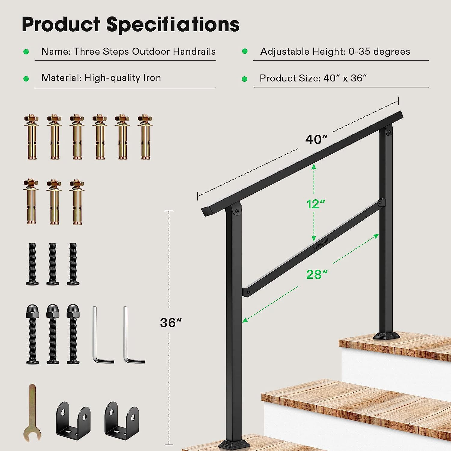 2 Pack 3 Step Wrought Iron Handrail Stair Rail Railing 40"x36" 0-35° Adjustable gallery