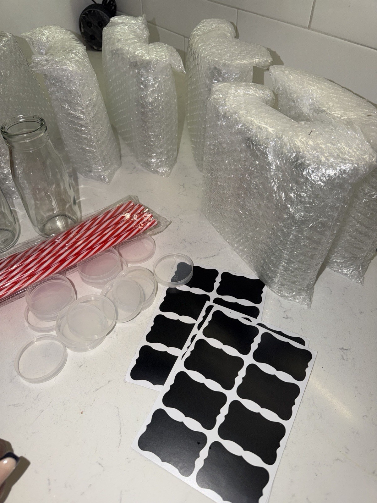 20 Clear Glass Bottles 280ml with Snap Lids, Straws, Funnel, Chalkboard Labels gallery