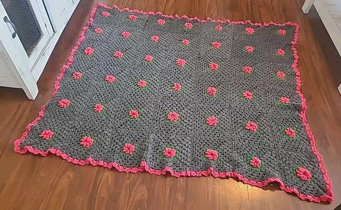 HANDMADE Crochet GREY GRANNY SQUARE AFGHAN Rose /Flower Throw Blanket 66" X 62" gallery