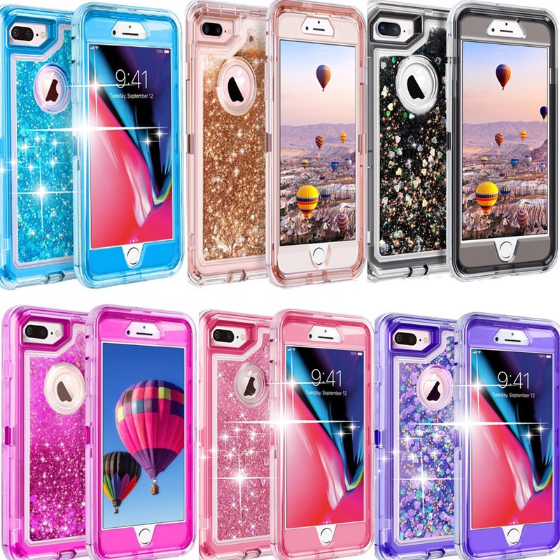 For iPhone 8 / 8 Plus Case Glitter Liquid Quicksand Military Shockproof Cover