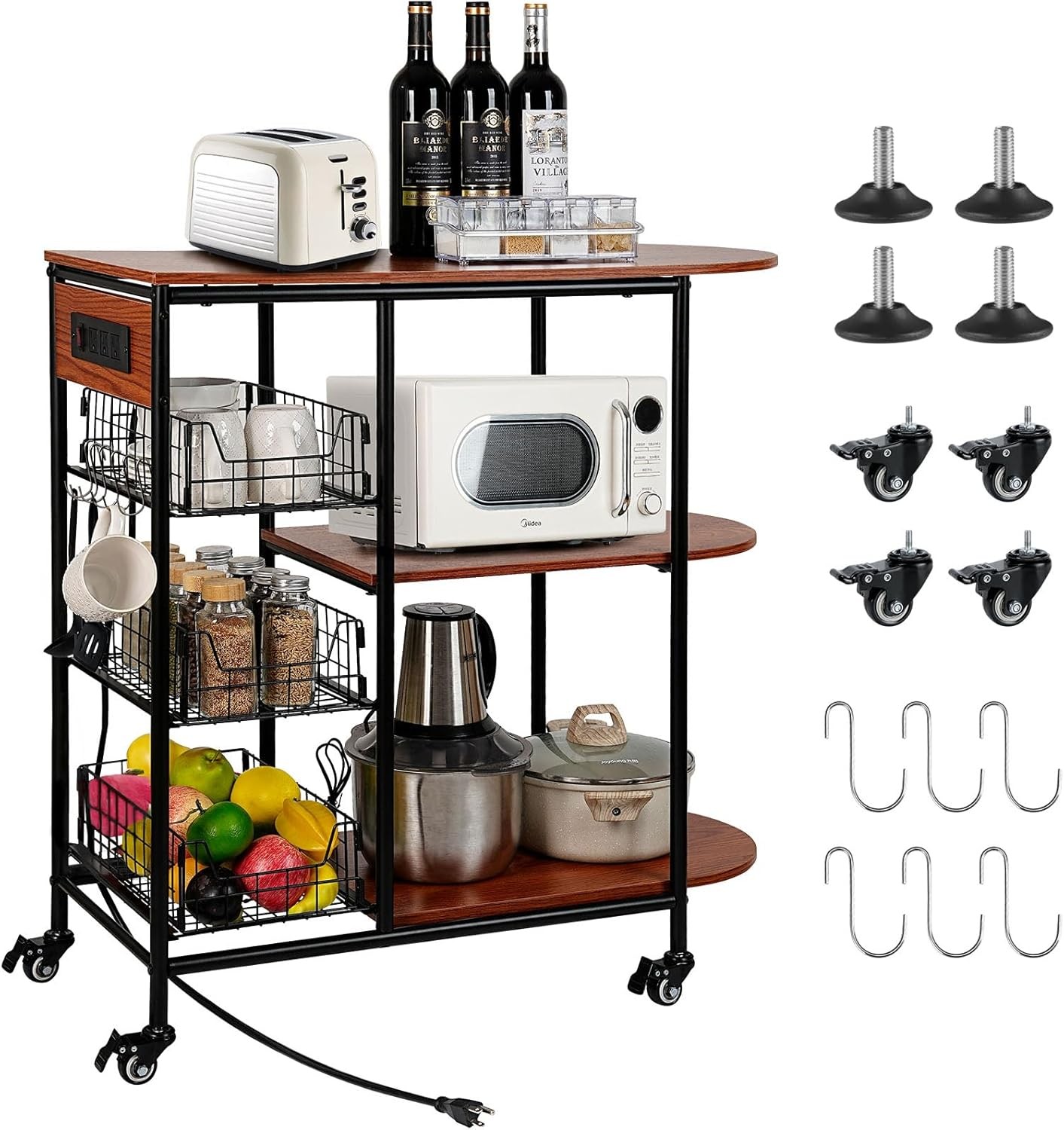 Rolling Cart with Power Outlet, 3 Pull-Out Baskets, Coffee Bar & Microwave Stand gallery