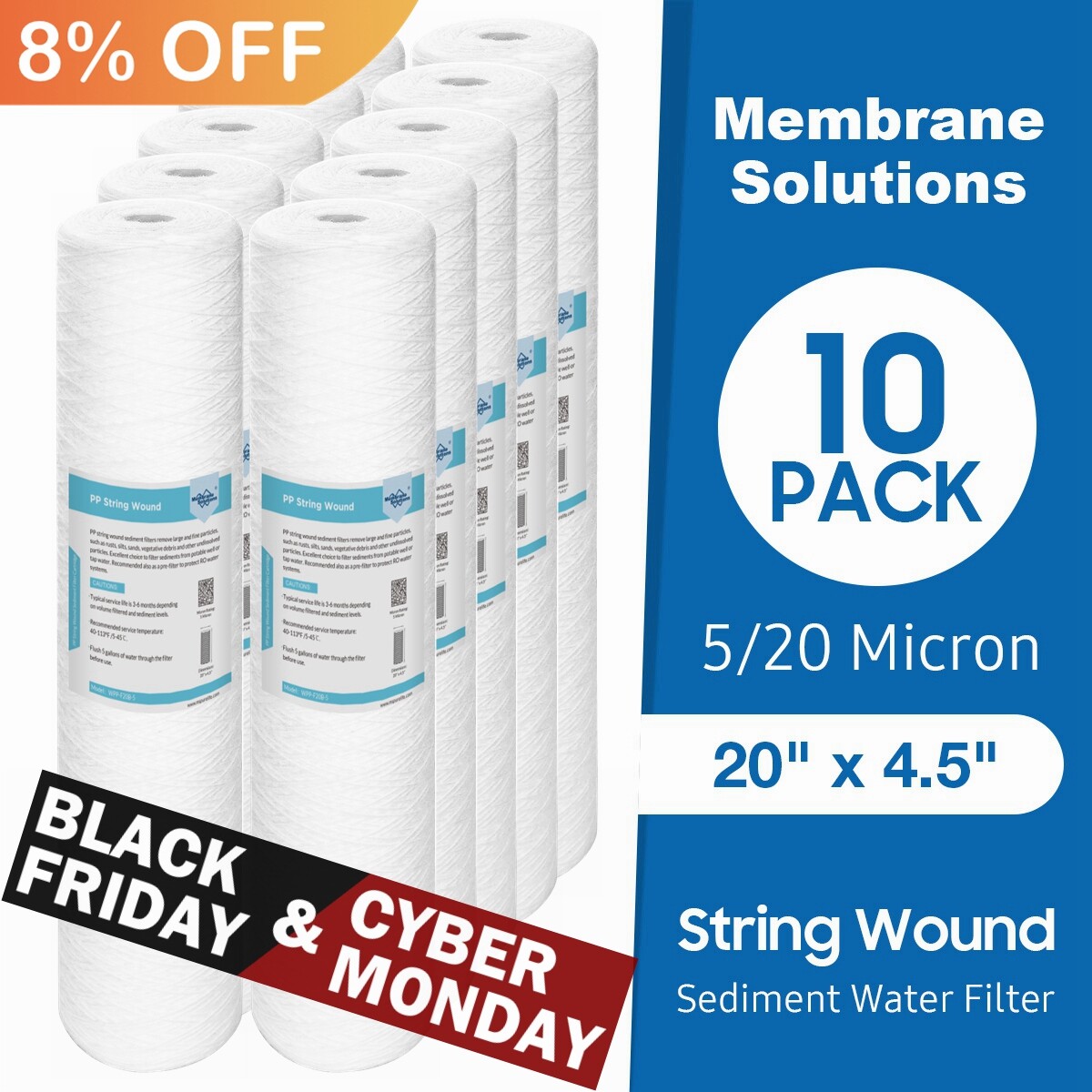 10 Pack 20" x 4.5" String Wound Whole House PP Sediment Water Filter 5/20 Micron gallery