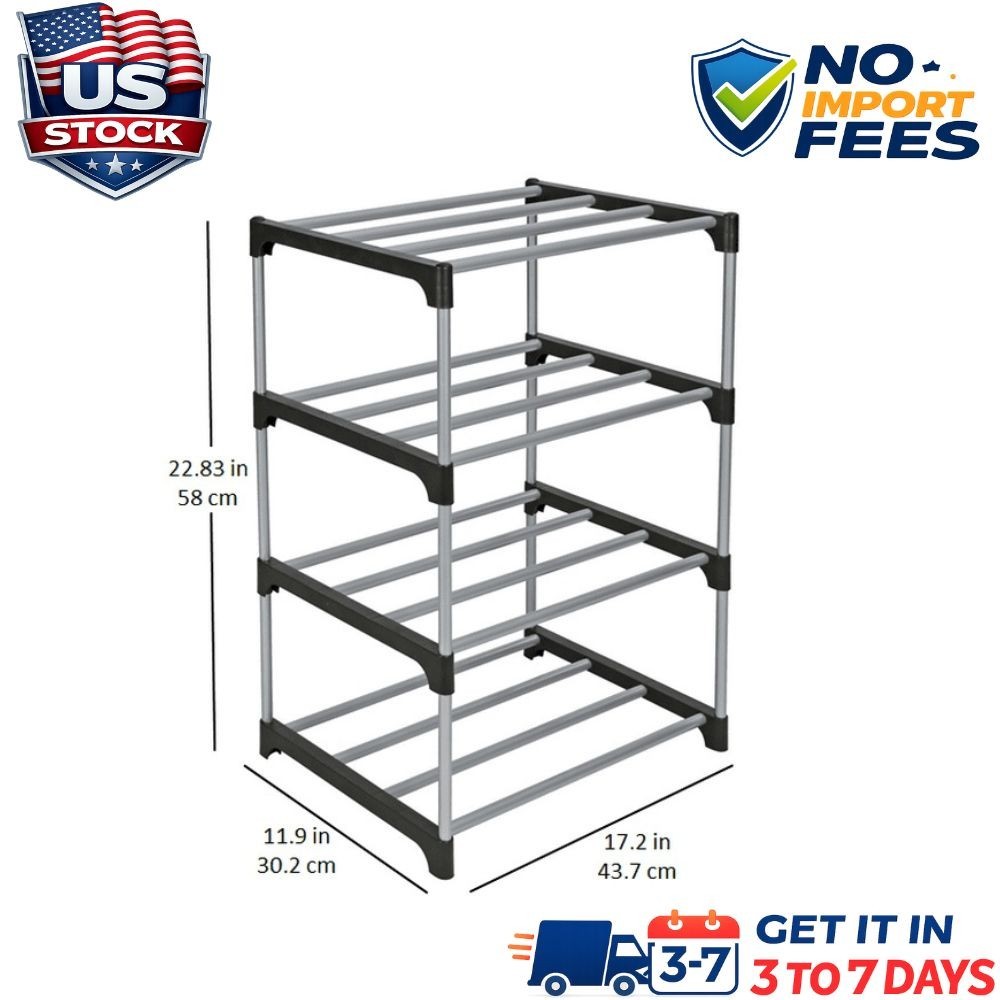4-Tier Shoe Rack, Black & Silver, Metal Tubes, Holds 8 Pairs gallery