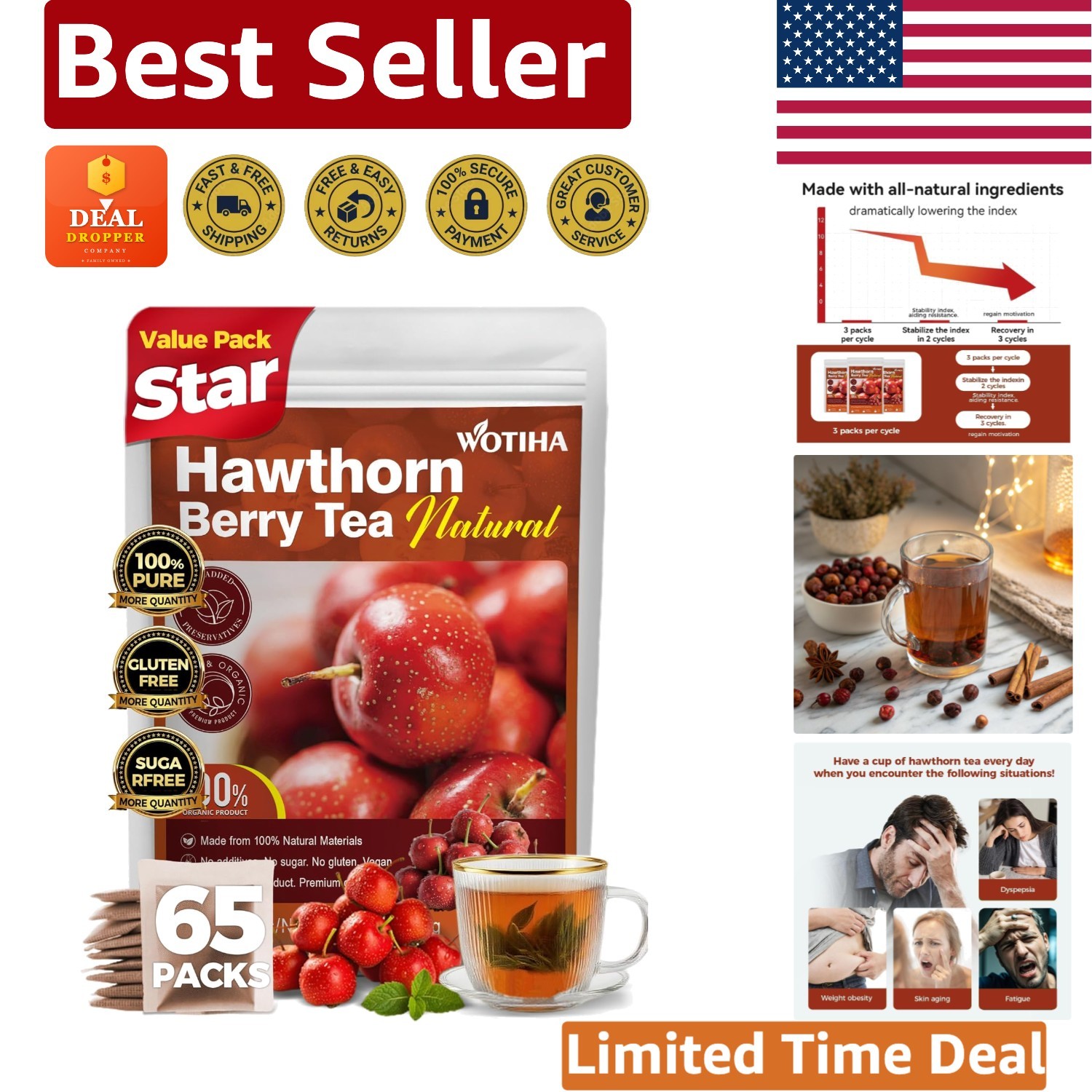 Caffeine-Free 65 Count Hawthorn Berry Tea Bags - Aids Digestion & Heart Health gallery